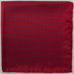 Handrolled Silk Pocket Square - Red Silk Handkerchief with Blue Spot - Cuyler and Davy