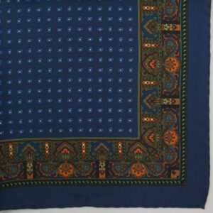 Handrolled Silk Pocket Square - Navy Silk Handkerchief with Pine pattern and Orange and Green border - Cuyler and Davy