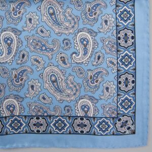 Handrolled Silk Pocket Square - Pale Blue Silk Handkerchief with Dark Blue and White Paisley pattern with border - Cuyler and Davy