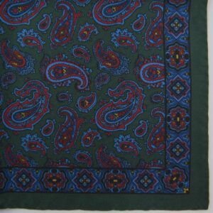 Handrolled Silk Pocket Square - Green Silk Handkerchief with Blue and Red Paisley pattern with border - Cuyler and Davy