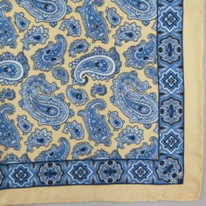 Handrolled Silk Pocket Square - Yellow Silk Handkerchief with Blue Paisley pattern and border - Cuyler and Davy