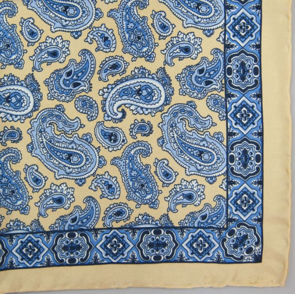 Handrolled Silk Pocket Square - Yellow Silk Handkerchief with Blue Paisley pattern and border - Cuyler and Davy