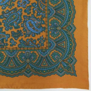 Handrolled Silk Pocket Square - Chestnut Brown Silk Handkerhief with Blue and Green Paisley pattern - Cuyler and Davy