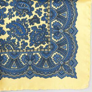 Handrolled Silk Pocket Square - Yellow Silk Handkerhief with Royal Blue and Navy Paisley pattern - Cuyler and Davy