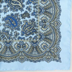 Handrolled Silk Pocket Square - Pale Blue Silk Handkerhief with Royal Blue and Yellow Paisley pattern - Cuyler and Davy