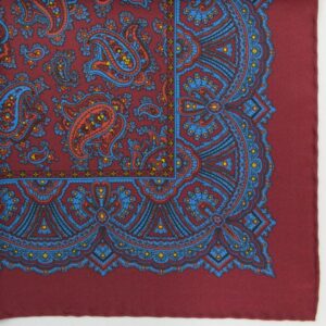 Handrolled Silk Pocket Square - Burgundy Silk Handkerhief with Blue Paisley pattern - Cuyler and Davy