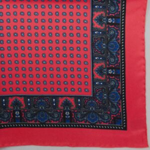 Handrolled Silk Pocket Square - Bright Red Silk Handkerchief with Pine pattern and Navy border - Cuyler and Davy