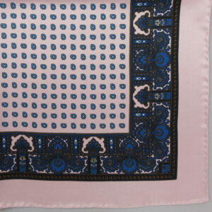 Handrolled Silk Pocket Square - Pale Pink Silk Handkerhief with Pine pattern and border - Cuyler and Davy